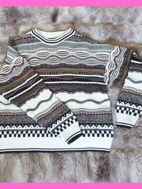 100% Cotton On Men's Sweater 3D Knit Texture Vintage Coogi Style Multi Jumper S